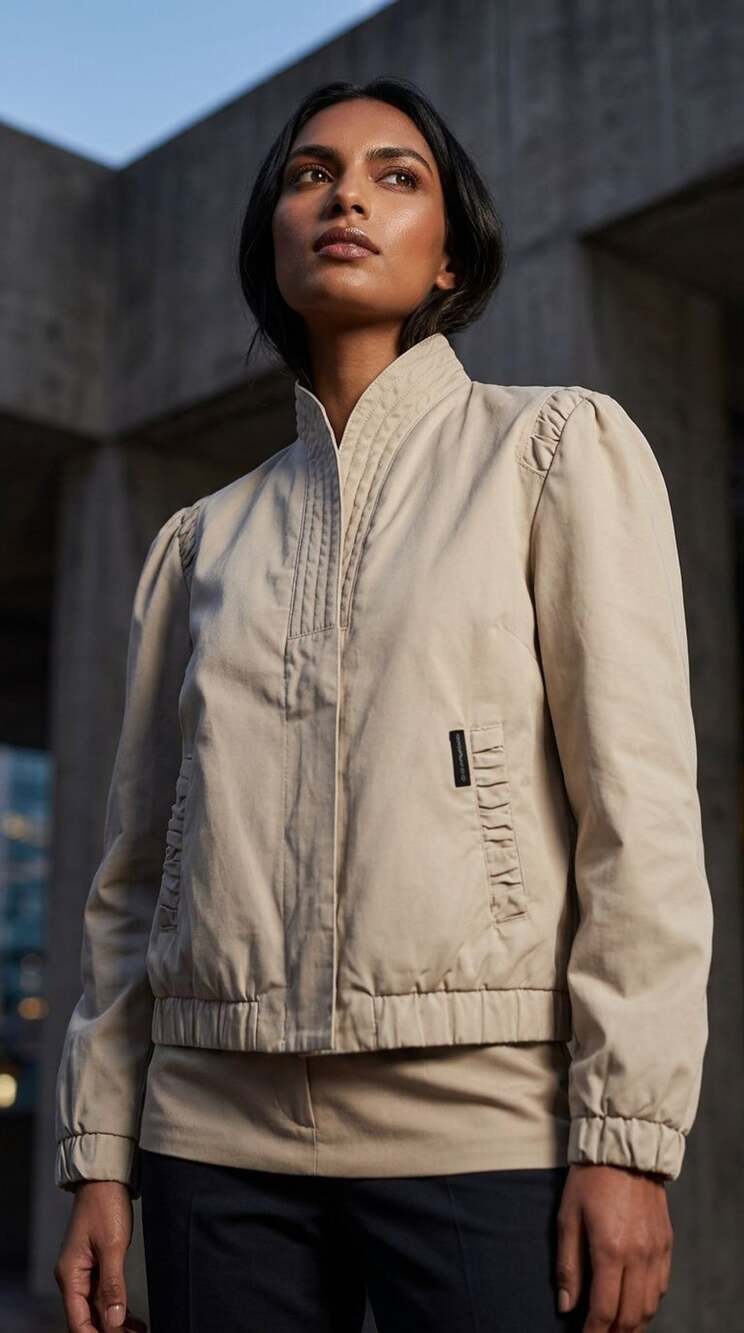 Casual Club Bomber Jacket Size S Beige Pleated Shoulder